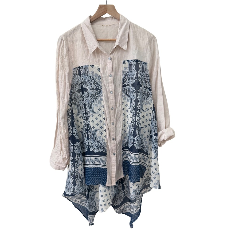 Aratta Mixed Media Handkerchief Hem Button Down Shirt M Beige Blue Boho